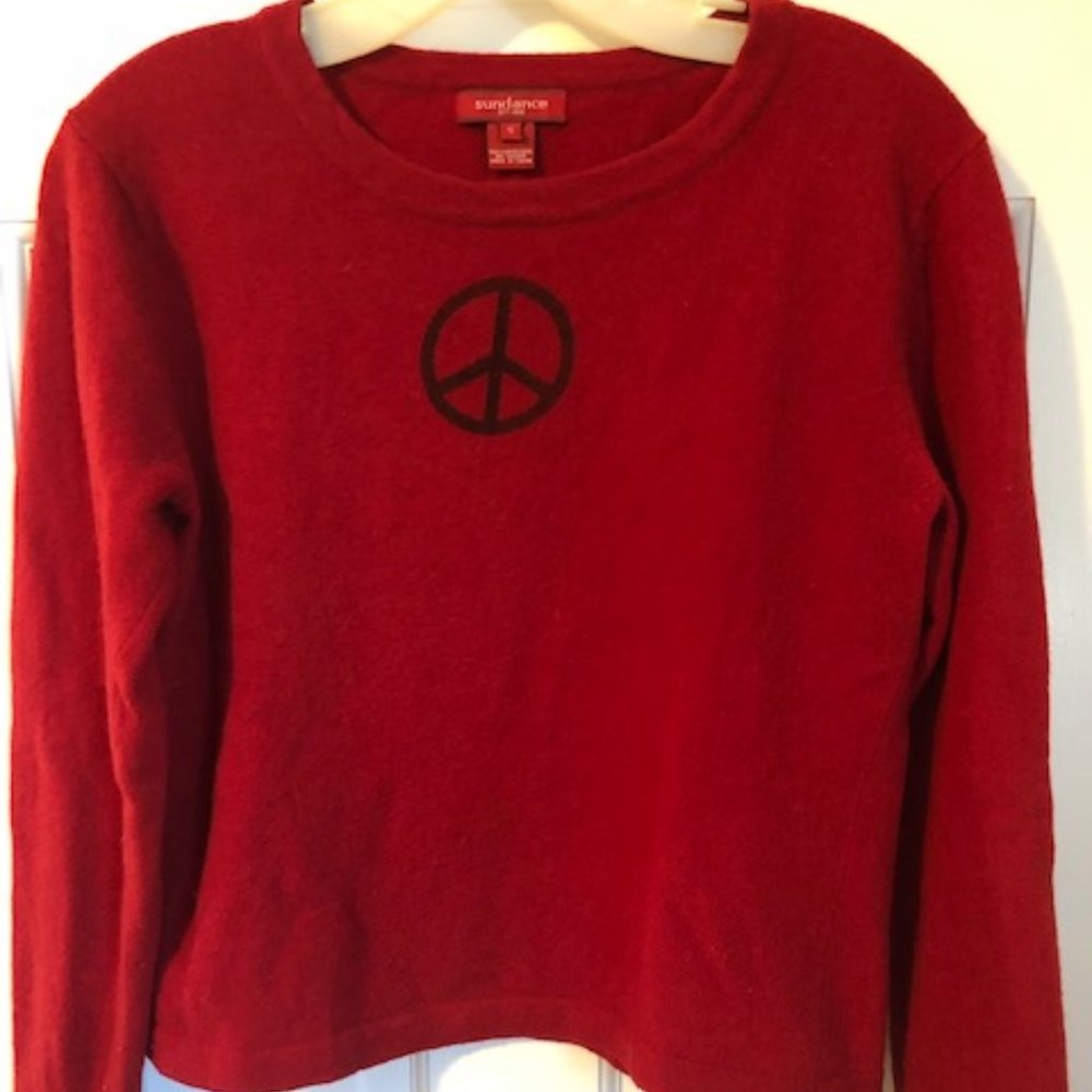 Sundance boiled wool sweater in red with peace sign, small